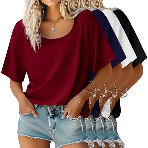 Neer 4 Pack Women’s Half Sleeve T-Shirts Elbow Length Tops Cotton Women Scoop Neck Loose Basic Tee Summer Casual Blouses