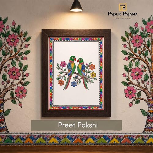 Image of PAPER PAJAMA Madhubani Love Birds Wall Art for Living Room | Parrot Couple Folk Art Painting | Traditional Mithila Framed Decor for Home, Bedroom & Office (10x13 Inches)