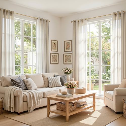 Image of MYSKY HOME Grey Striped Curtains 63 Inches Long Linen Blend Farmhouse Gray Ticking Stripe Pinstripe Print Curtains for Bedroom Light Filtering Window Drapes, Grommet, 2 Panels, 52 inch Wide