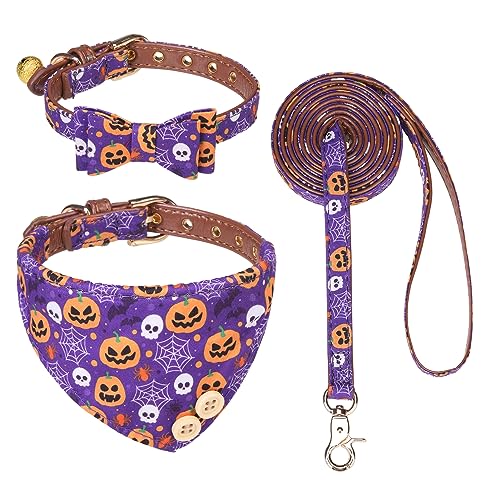 Image of EXPAWLORER Halloween Dog Collar and Leash Set - Dog Bow Tie and Dog Bandana Collar with Bell, Dog Leash Tangle Free, Adjustable Collars for Small Medium Large Dogs Cats, Holiday Ideal Gift for Pets