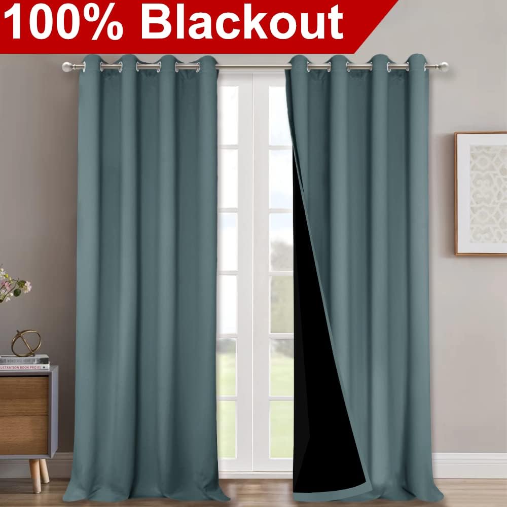 NICETOWN 100% Blackout Blinds, Set of 2, 46" x 96", Greyish Blue, Laundry Room Decor Window Treatment Curtains for Large Patio Sliding Door, Thermal Insulated Curtains for Bedroom
