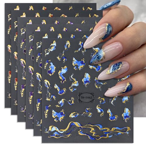 6 Sheets Marble Nail Art Stickers 3D Bronzing Gold Nail Decals Blue Purple Brown Irregular Line Nails Decorations Self-Adhesive Design Stickers for Women Girls Nails Art Supplies