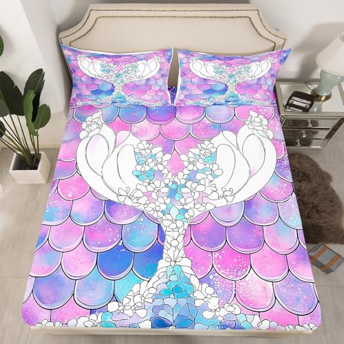 Mermaid Bed Sheet Full, Fish Scales Ocean Life Fitted Sheet for Kids Girls Women, Boho Rainbow Flower Bedding Set Seigaiha Mermaid Tail Fitted Bed Sheets with 2 Pillow Cases, Colorful(No Top Sheet)