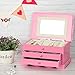 SONGMICS Girls Jewelry Box Pink Wooden Case Organizer with Mirror UJOW03P