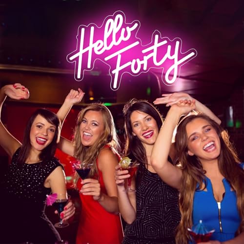 Image of Hello Forty Neon Sign 40th Birthday LED Neon Light for Forty Birthday Party Decor Hallo Forty Party Favors Personalized Gift for Girls