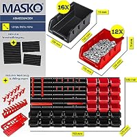 MASKO® Stapelboxen + Wandregal + Werkzeughalter 45-teiliges Set Box erweiterbar Sichtlagerkästen Schüttenregal Steckregal, Hängeregal Sortimentskasten Kleinteilemagazin Werkstatt-Regal Schwarz/Rot – Ansicht 2