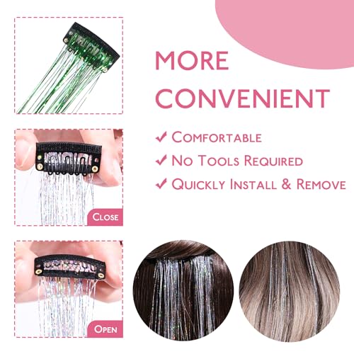 Image of WENNALIFE Hair Tinsel Clip In for Girls Green, 6pcs 24 inch Clips Tinsel Hair Extensions Clip in Colorful Glitter Clips Sparkle Fairy Hair Accessories for Kids