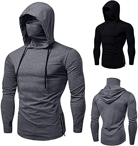 Mens Gym Thin Hoodie Long Sleeve Hoodies with Mask Sweatshirt Hooded Tops (Color : Grey, Size : Large)3