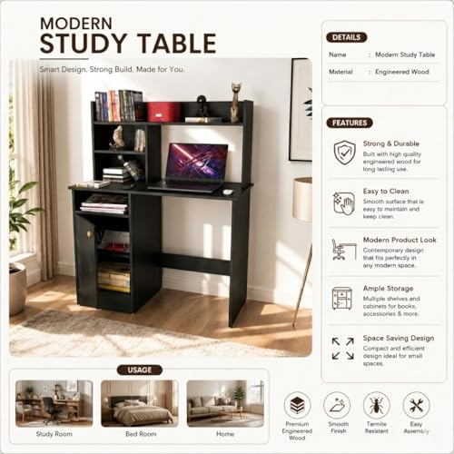 Image of SPYDER CRAFT Modern Indus Engineered Wood Study Table with Storage Shelf | Clean Minimalist Computer Desk for Home, Office, & Bedroom | Durable & Easy to Clean - (Black) (Assembly DIY)