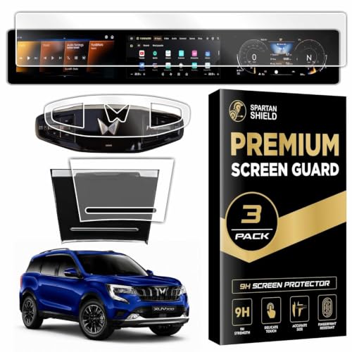 Image of Spartan Shield [3 PACK] Screen Guard for MAHINDRA XUV 7XO 2026+ || AX, AX3, AX5, AX7, AX7T & AX7L || 12.3 INCH TRIPLE SCREEN with *** NO ADRENOX+ BADGE CUTOUT *** + Flexible TPU for Steering & Storage Panel Protector || Anti Scratch || Water Repellant || With Complimentary Installation Kit || Bubble Free Application || XUV7XO Digital Instrument Cluster Protective Film || NEW 2025+ Car Stereo Accessories [Not Tempered Glass] *** CHECK ADRENOX+ Badge Before Ordering***