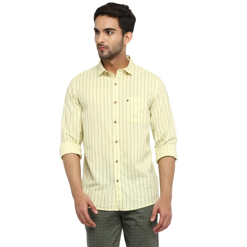 Image of Turtle Men Beige Striped Linen Slim Fit Shirts