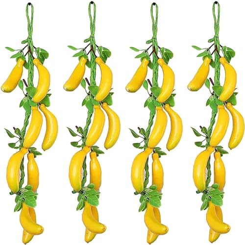 4 Pack Artificial Bananas Hanging String Simulation Lifelike Vegetable Fruit Hanging Fake Bananas Photography Props for Home Kitchen Hanging Ornaments Farmhouse Decoration