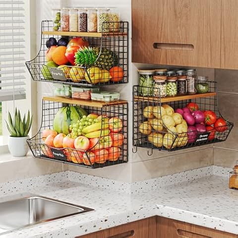 Extra Large Fruit Basket for Kitchen with Wood Lid Nameplate - Counter&Wall Mounted Onion and Potato Storage Bin, Stackable Metal Hanging Wire Baskets kitchen countertop organizer Pantry 3 Pack Cover
