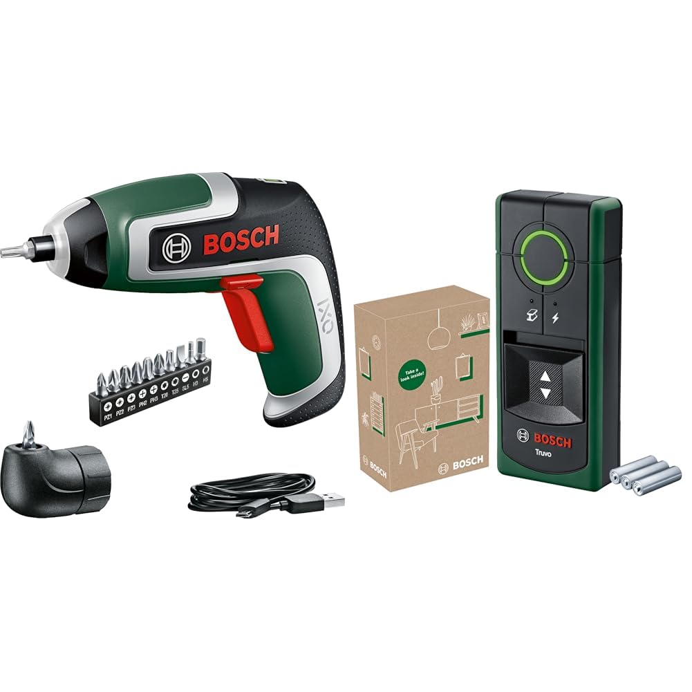 Bosch Akkuschrauber IXO (3,6V, 2,0Ah, 5,5Nm, Mikro-USB-Kabel, Winkel-Aufsatz, schraubt bis 190 Schrauben) & Ortungsgerät Truvo 2. Generation (Ortung von Kabeln/Metall bis 70mm)