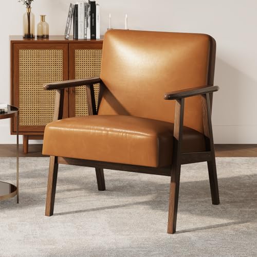Casaottima PU Leather Accent Chair for Bedroom, Living Room Chair with Solid Wood Legs, Reading Arm Chair with Soft Cushion for Adults, Brown