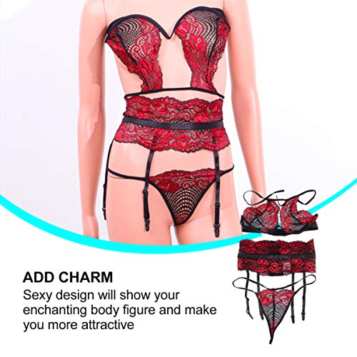 ARTIBETTER 3 Peças Femininas Halter Lingerie Sutiã Sexy Calcinha G Cordão Cinta-Liga de Renda Bodysu