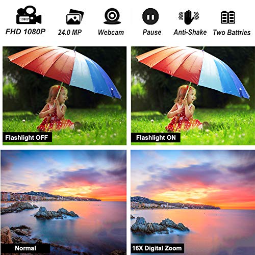 Video Camera Camcorder, Aasonida Digital YouTube Vlogging Camera Full HD 1080P 24MP 3.0 Inch 270 Degree Rotation Screen 16X Digital Zoom Webcam Recorder with 2 Batteries - Thumbnail 2