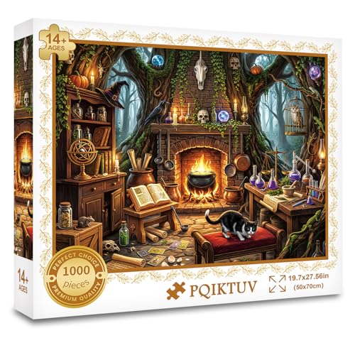 Rompecabezas de 1000 piezas para adultos: Cabaña de bruja con caldero y gato negro, decoración gótica para pared y regalo ideal para fanáticos de Halloween, 27,56" x 19,7" miniatura 7