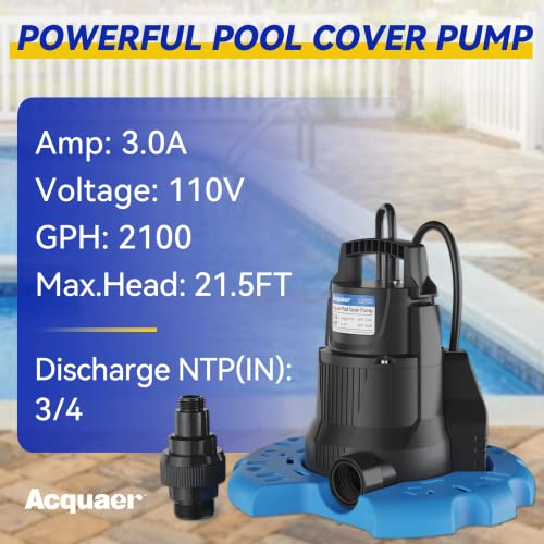 Image of 1 /3 HP Automatic Pool Cover Pump Automatic On Off, 2950 GPH, 115V | Submersible Water Pump with 3 /4 inch Check Valve Adapter & 25ft Power Cord, Water Removal for Pool, Hot Tubs, Rooftops, Water Bed