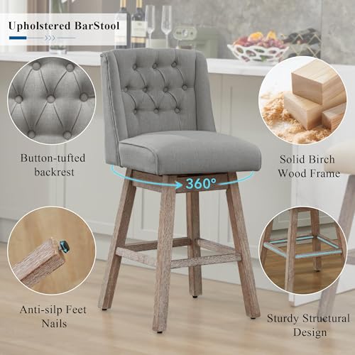 Image of Counter Height Bar Stools Set of 2, 360Swivel Bar Stools with Back and Wood Legs, 28.5 inch Morden Linen Fabric Upholstered Barstools for Kitchen Island Dining Room Bar, Grey