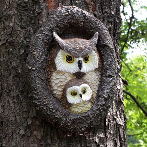 JARPSIRY Owl Tree Hugger Whimsical Tree Sculpture Garden Statues Outdoor Tree Face Decor Garden Peeker Yard Art Decorations (Mom and Baby Owl)