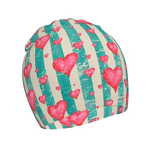 Vintage Striped Heart Kids Beanie Hats Warm Knit Beanie Cap Skull Caps Gifts Decor for Boys Girls White