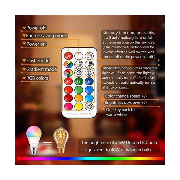 E14 Led Lampe 6W RGBW Äquivalent 40W, Farbwechsel Glühbirne Dimmbar, 2700K Schraubglühbirnen mit Fernbedienung… – Bild 8