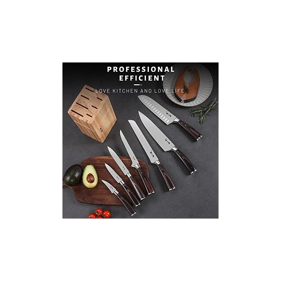 Chef Knife Set with Block, 7 Pieces Kitchen Knife Set Included Santoku Serrated Utility Bread Boing Peeling Fruit Knife, Wooden Block for Meat/Vegetables/Fruits Chopping, Slicing, Dicing and Cutting