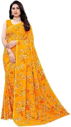 Womens Floral Printed Georgette Saree with Unstitched Blouse Piece