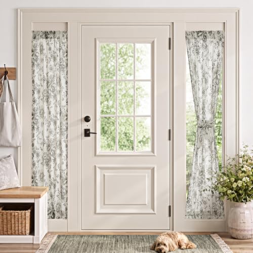 Image of jinchan Floral Sidelight Curtains for Front Door, 26x72, 2 Panels | 25% linen blend, black floral print, light filtering, rod pocket, tiebacks, washable, for front door sidelights