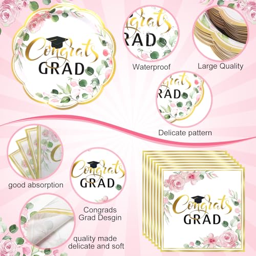 Image of Funnymoom 452 Pcs Class of 2026 Pink Floral Graduation Decoration Party Supply for 50, Pink Gold Congrats Grad Paper Plates Napkins Cup Tablecloth Cutlery Straw for Freshly Graduated Decoration