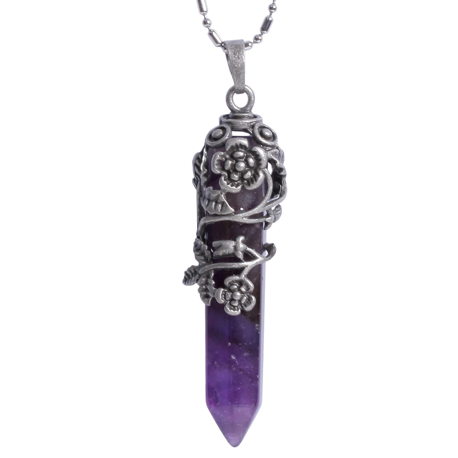 Nupuyai Vintage Flower Amethyst Crystal Point Pendant Necklace for Women Hexagonal Pendulum Reiki Wrap Stone Pendant with Chain