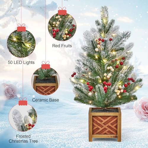 24 Inch Pre-lit Mini Christmas Tree with Lights, Small Green Frosted Artificial Tabletop Christmas Trees with Wooden Base, Miniature Pine Christmas Trees Decoration