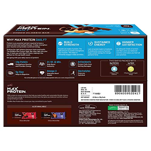 Image of RiteBite Max Protein Daily Choco Classic Protein Bars with 10g Protein, 4g Fiber & 21 Vit. & Minerals | No Cholesterol & Trans Fat For Upto 2h of Energy, Healthy Snack, 50g (Pack of 48)