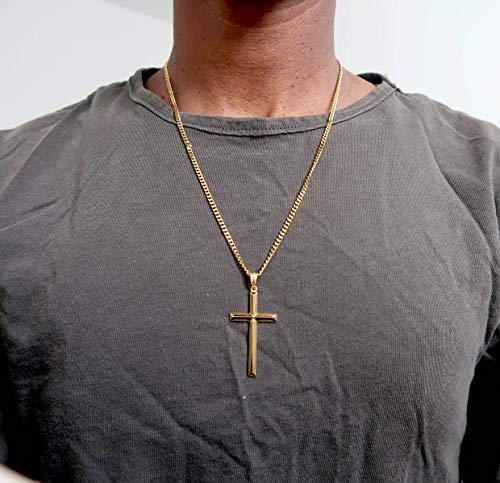 24K Gold Chain Style Cross Pendant Necklace Strong Clasp for MEN 24ct 3MM Thin for Charms Miami Cuban Link Diamond Cut Religious Beveled Edge3