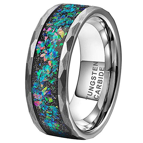 6mm 8mm Silver/Black Hammered Tungsten Rings for Men Women Couple Genuine Galaxy Opal Inlay Fashion Jewelry Engagement Wedding Bands Matte Finish Comfort Fit