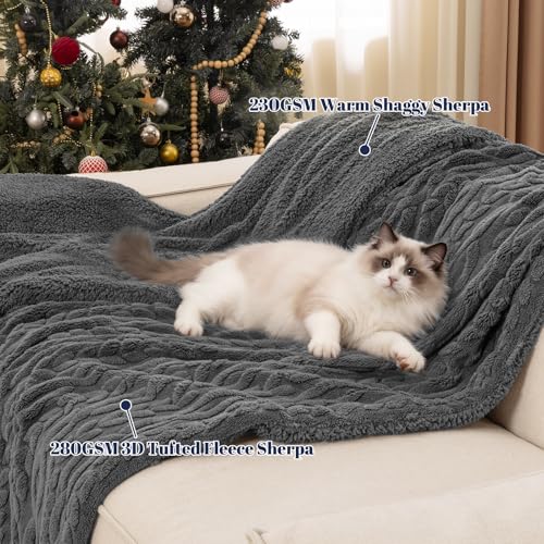 PHF Fluffy Sherpa Blanket King Size for Winter, Warm and Soft, 510GSM 3D Jacquard Thick Shaggy Fleece Plush Blanket for Sofa Bed, Dark Grey, 108"x90" by PHF - Image 3