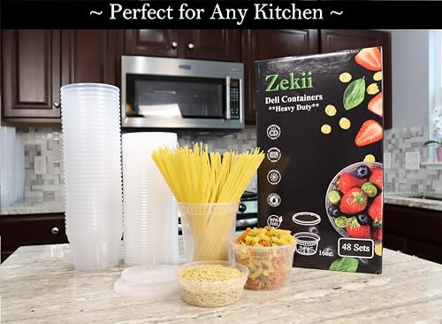Image of Zekii EXTRA THICK Deli Containers with Lids, [48Sets 16oz] Soup Containers w /Lids Airtight, Disposable, BPA Free, Takeout soup Cups, Meal Prep, Food Storage Containers with Measurements