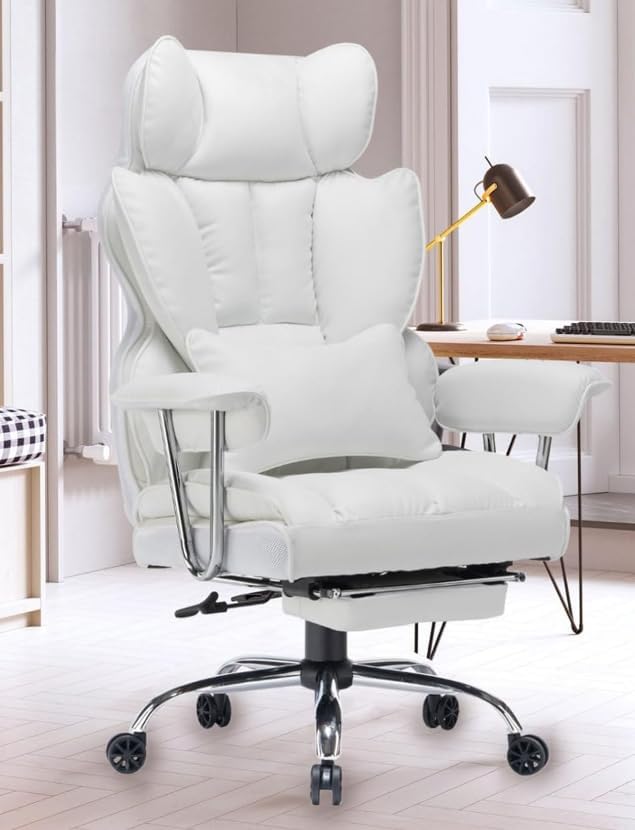 naspaluro Ergonomic Office Chair, PU Leather High Back Desk Chair for Big and Tall People, Executive Swivel Chair with Leg Rest and Lumbar Support, White Computer Chair for Home/Office/Study/Gaming