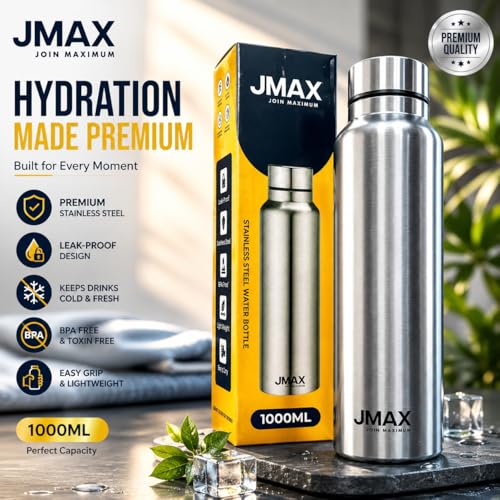 Image of Jmax Stainless Steel Water Bottle | Single Wall Metal Bottle for Office School Gym Travel | BPA Free | Rust-Free, Leakproof & Lightweight | 1000 Ml