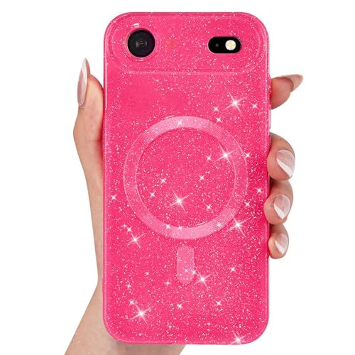 Svanove Glitter Case for iPhone 17 Air Phone Case Magnetic Compatible with Magsafe, Sparkle Bling Shiny Sparkly Cute Girly Design, Bright Trendy Aesthetic Hard Mag Cover for Women Girls, Neon Hot Pink