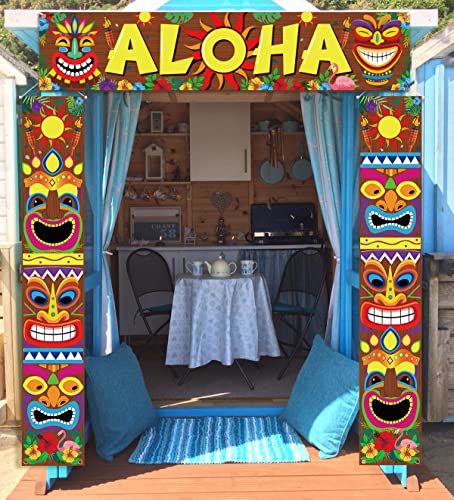 90Shine 0304-90SHINE-TIKI BANNERS 3Pcs Hawaiian Luau Party Decorations Tiki Banners Aloha Tropical Moana Flamingo Door Porch Signs Wall Hanging Decor Supplies thumb #5