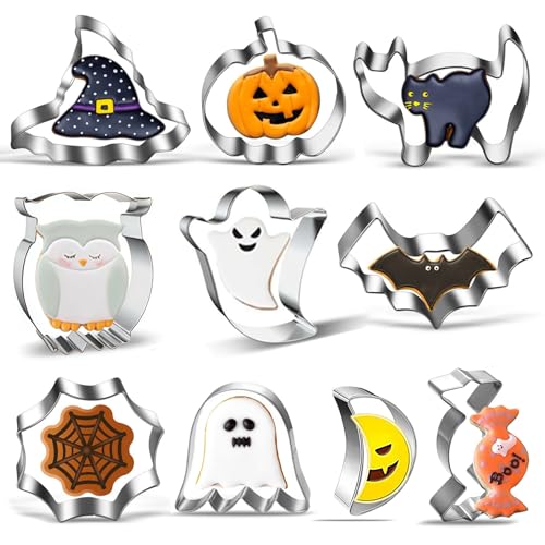 Halloween Cookie Cutter Set of 10 Stainless Steel Biscuit Cutters Handmade- Pumpkin Bat Ghost Witch Hat Cat Candy Cobweb Owls Moon for Kids & Parties Baking