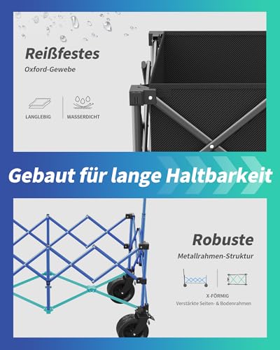 Kitsure 230L Bollerwagen faltbar 200KG Belastbar – Handwagen mit verstellbarem Griff, Offroad-Rädern, Transportwagen für Camping, Garten, Strand & Einkäufe, Schwarz, 115×60×96cm
