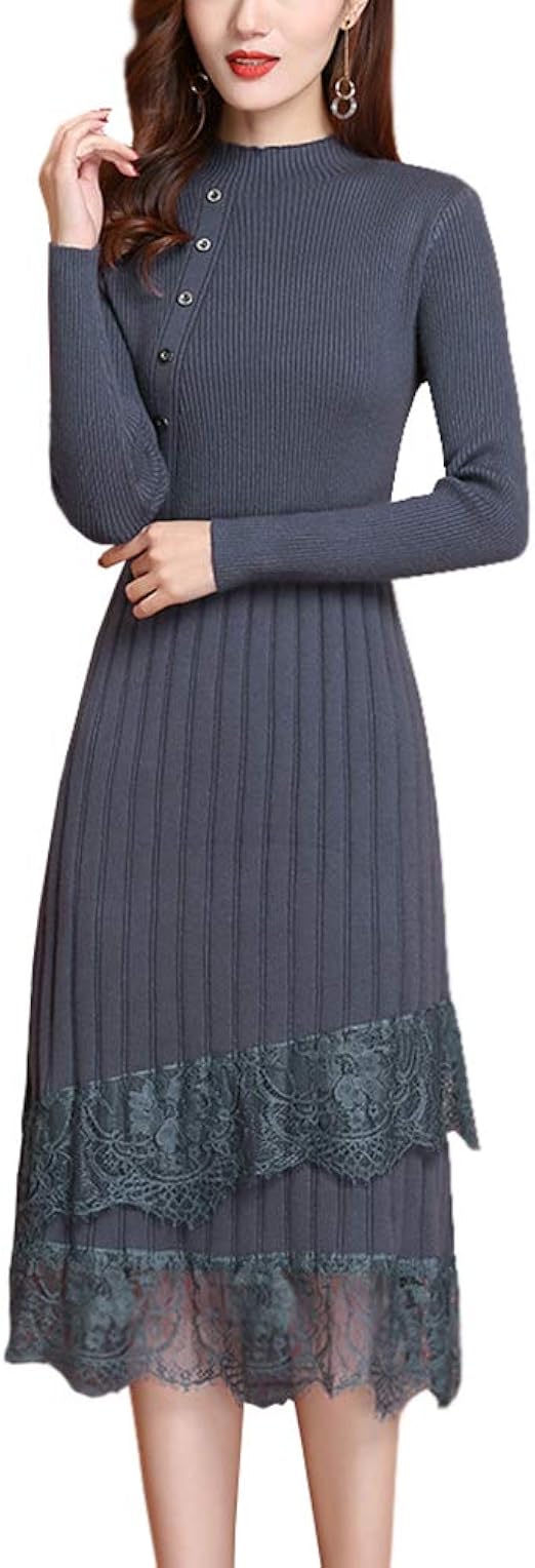 Amazon Co Jp 柚月 ニットワンピース レディース 秋冬 ロング レース ニットドレス ニットワンピ 結婚式 お呼ばれ 長袖 グレー 服 ファッション小物