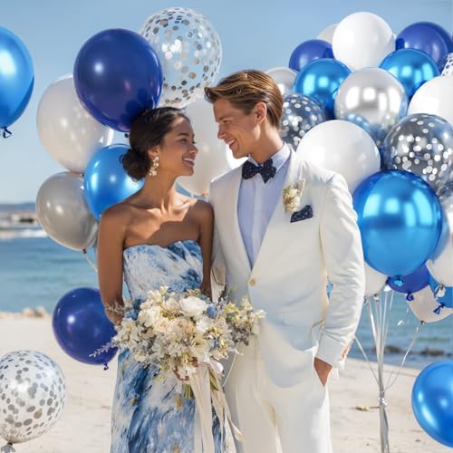 Image of Blue White Silver Confetti Balloons - 50pcs 12 inch Metallic Blue Silver and Clear White Confetti Latex Balloons for Graduation Father's Day Birthday Wedding Anniversary Bridal Shower Party Decorations