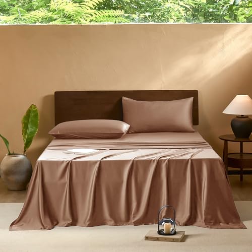 Image of EVERLY Queen Sheets Set,Luxuriously 400 Thread Count Organic Viscose Derived from Bamboo Bed Sheet,Cooling Sheets for Queen Size 4 Piece Deep Pockets Bedding Sheets &Pillowcases-Brick Red