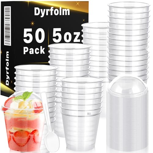 Dyrfolm 5 oz Dessert Cups with Dome Lids and Spoons,50 Pack Clear Plastic Parfait Cups,Disposable Dessert Cups with Lids,Round Crystal Parfait Cup for Dessert,Fruit,Yogurt,Ice Cream(Round)