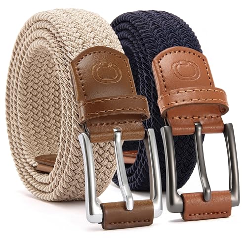 Image of CHAOREN Stretch Belt Men 2 Pack - 1 3 /8 inch Braided Golf Belts For Men - Casual Elastic For Pants and Jeans