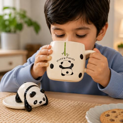 Image of BonZeal Panda Mug 450 ML Ceramic Coffee Mug with Lid & Spoon Gift for Kids